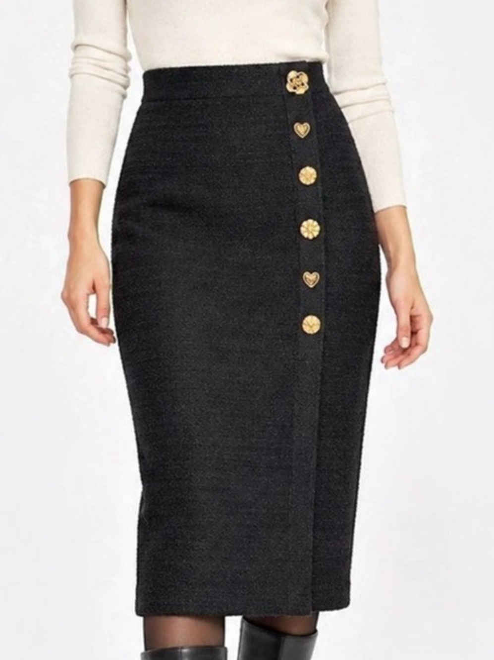 ZARA Black Midi Skirt with Gold-Tone Buttons
